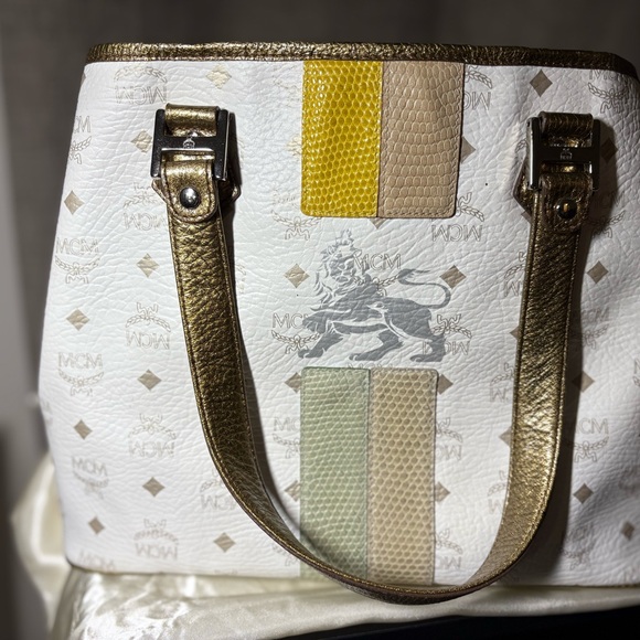 MCM Handbags - MCM White Tote with Gold and Yellow Accents